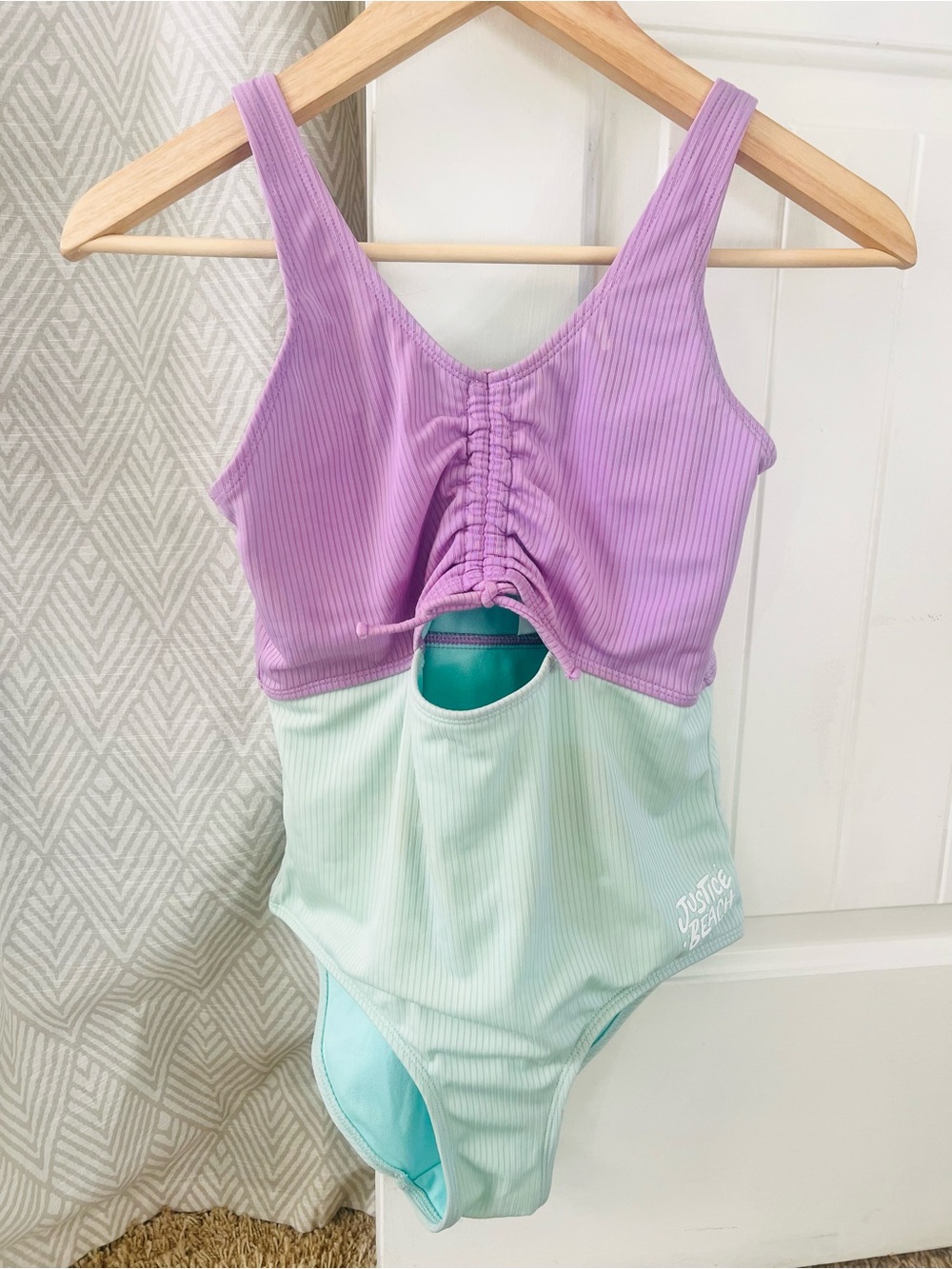 Justice Girls Colorblock Purple & Mint Ribbed One-Piece Swimsuit